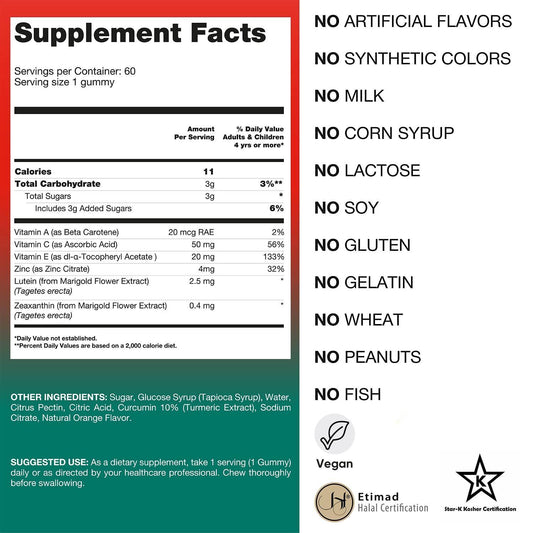 Zeaxanthin and Lutein Eye Care Vitamins for Adults and Kids | Gummy